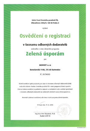 Certificate of Registration - Zelená úsporám
